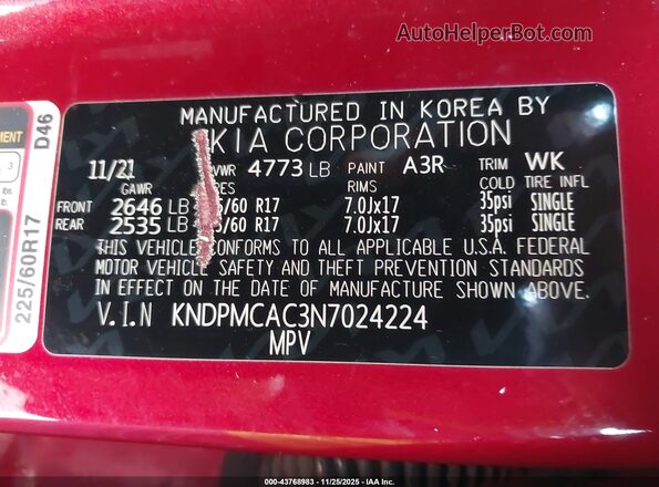 KNDPMCAC3N7024224 2022 KIA SPORTAGE Red ძრავის განყოფილების ხედი