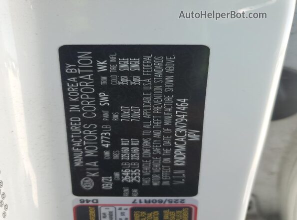 KNDPMCAC3N7947464 2022 KIA SPORTAGE White VIN კოდის სტიკერის ხედი