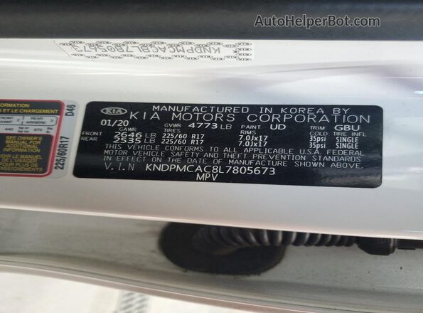 KNDPMCAC8L7805673 2020 KIA SPORTAGE White VIN կոդի պիտակի տեսք