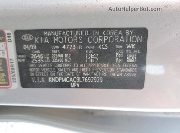 KNDPMCAC9L7692929 2020 KIA SPORTAGE Silver Vista de la etiqueta del VIN