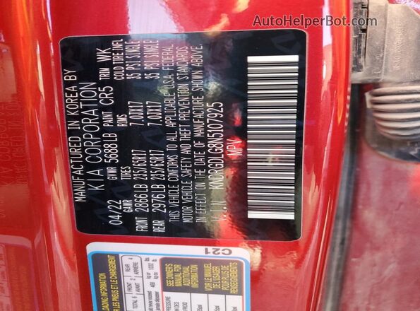 KNDRGDLG8N5107925 2022 KIA SORENTO Red VIN կոդի պիտակի տեսք