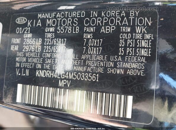 KNDRH4LG4M5033561 2021 KIA SORENTO Черный 