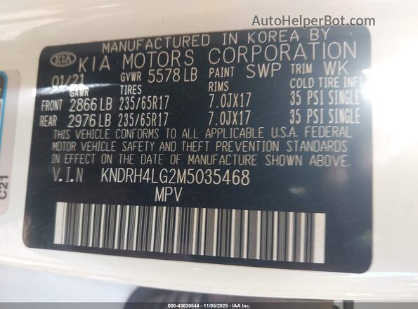 KNDRH4LG2M5035468 2021 KIA SORENTO HYBRID White Widok komory silnika