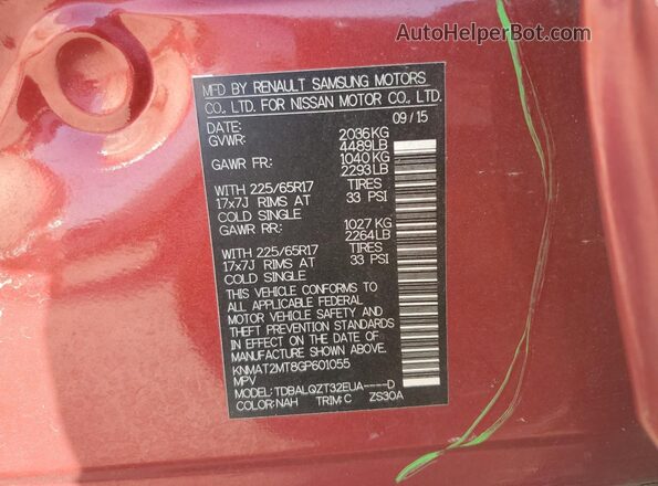 KNMAT2MT8GP601055 2016 NISSAN ROGUE Red Widok naklejki z numerem VIN