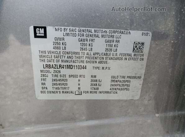 LRBAZLR41MD110344 2021 BUICK ENVISION Gray Vista de la etiqueta del VIN