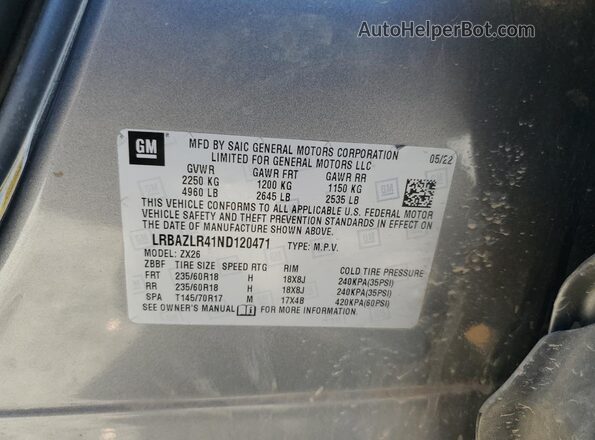 LRBAZLR41ND120471 2022 BUICK ENVISION Gray Вид наклейки з VIN-кодом