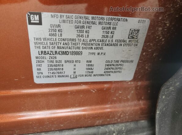 LRBAZLR43MD189869 2021 BUICK ENVISION Brown Vista interior de 360 grados