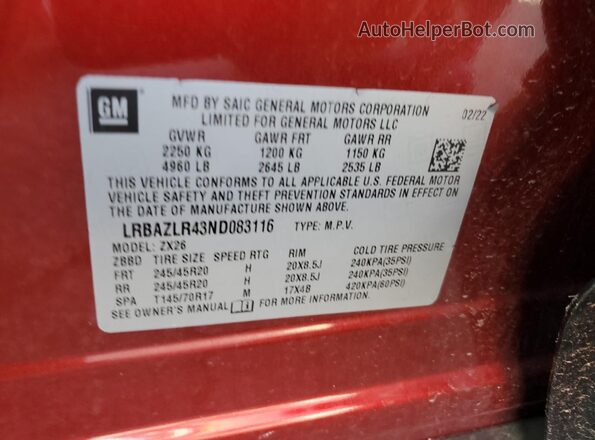 LRBAZLR43ND083116 2022 BUICK ENVISION Red Вид наклейки з VIN-кодом