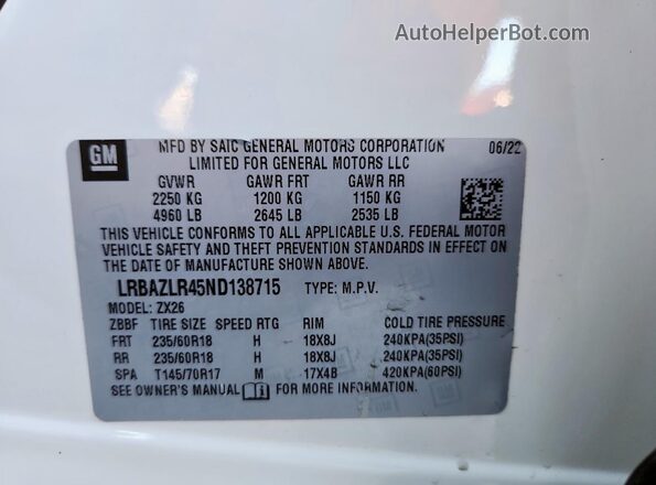 LRBAZLR45ND138715 2022 BUICK ENVISION White Widok wnętrza 360 stopni