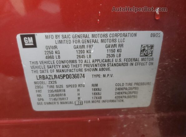 LRBAZLR45PD036074 2023 BUICK ENVISION Red VIN კოდის სტიკერის ხედი