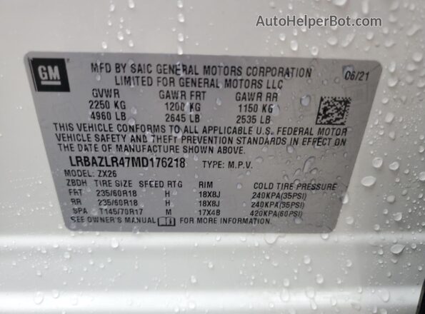 LRBAZLR47MD176218 2021 BUICK ENVISION White Widok naklejki z numerem VIN