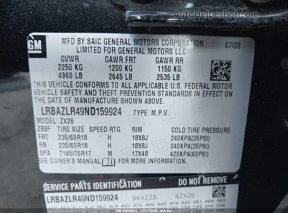 LRBAZLR49ND159924 2022 BUICK ENVISION Black Вид підкапотного простору