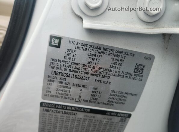 LRBFXCSA1LD033047 2020 BUICK ENVISION White Widok naklejki z numerem VIN