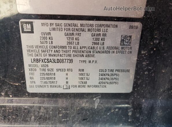 LRBFXCSA3LD087739 2020 BUICK ENVISION Black Vista de la etiqueta del VIN