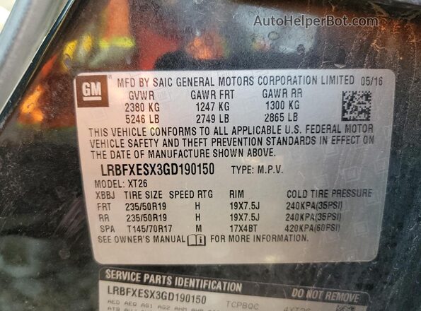 LRBFXESX3GD190150 2016 BUICK ENVISION Black VIN sticker view
