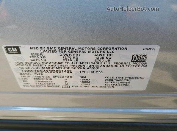 LRBFZKE4XSD081462 2025 BUICK ENVISION Silver Vista de la etiqueta del VIN