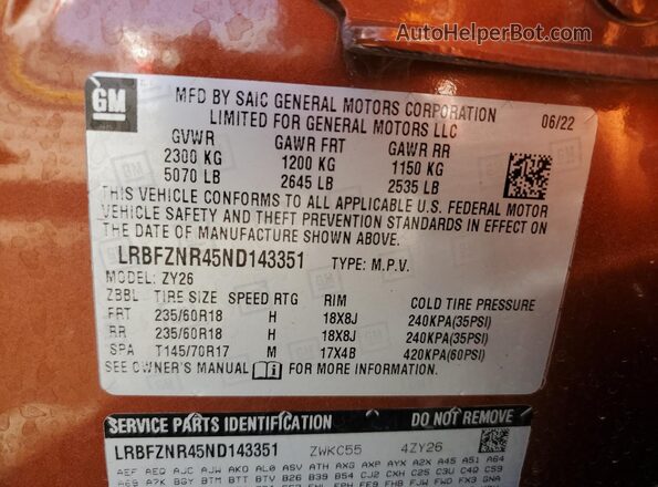 LRBFZNR45ND143351 2022 BUICK ENVISION Orange 360 interior view
