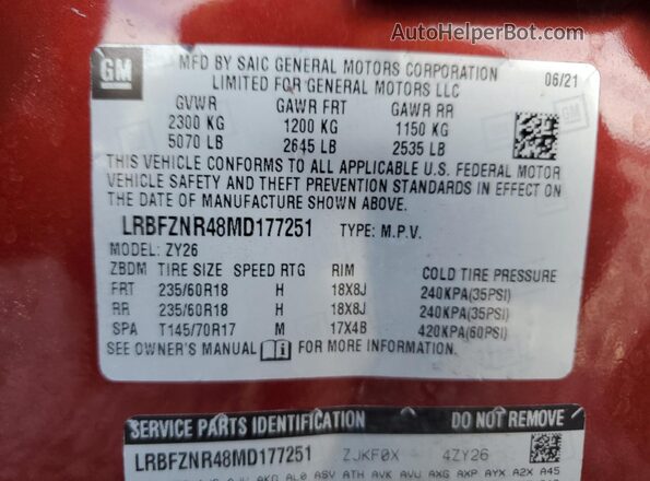 LRBFZNR48MD177251 2021 BUICK ENVISION Red Vista del compartimento del motor