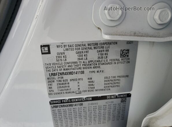 LRBFZNR4XMD141108 2021 BUICK ENVISION White VIN կոդի պիտակի տեսք