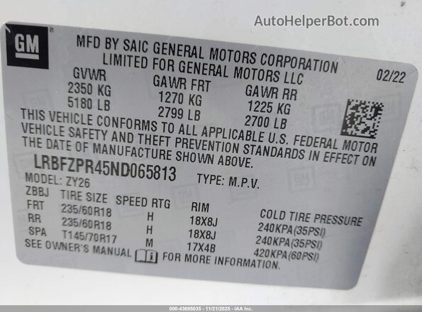 LRBFZPR45ND065813 2022 BUICK ENVISION White Engine compartment view