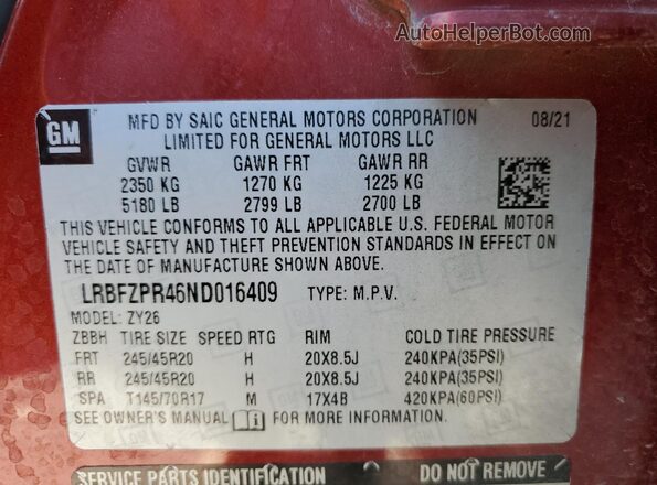 LRBFZPR46ND016409 2022 BUICK ENVISION Red VIN კოდის სტიკერის ხედი