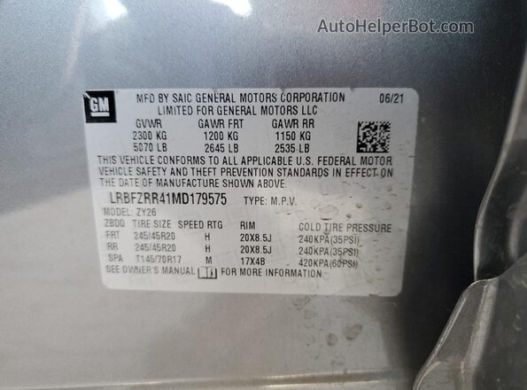 LRBFZRR41MD179575 2021 BUICK ENVISION Gray Widok naklejki z numerem VIN