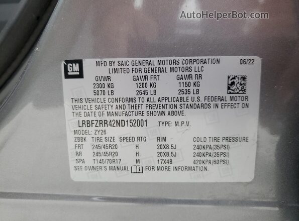 LRBFZRR42ND152001 2022 BUICK ENVISION Gray Вид наклейки з VIN-кодом