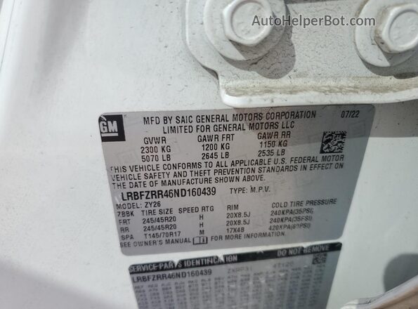 LRBFZRR46ND160439 2022 BUICK ENVISION White Вид наклейки з VIN-кодом