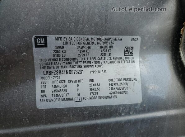 LRBFZSR41ND076231 2022 BUICK ENVISION Gray VIN კოდის სტიკერის ხედი