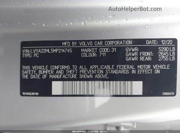 LVYA22ML5MP214745 2021 VOLVO S90 Silver Widok komory silnika
