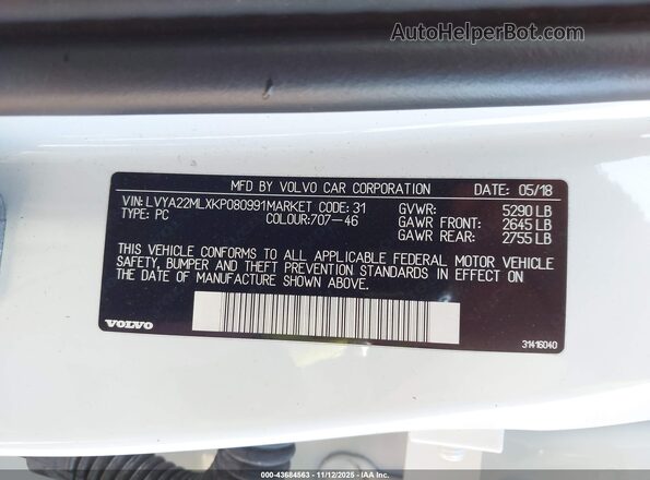 LVYA22MLXKP080991 2019 VOLVO S90 White ძრავის განყოფილების ხედი
