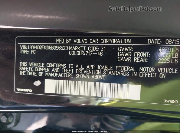 LYV402FK0GB096523 2016 VOLVO S60 INSCRIPTION Black Engine compartment view