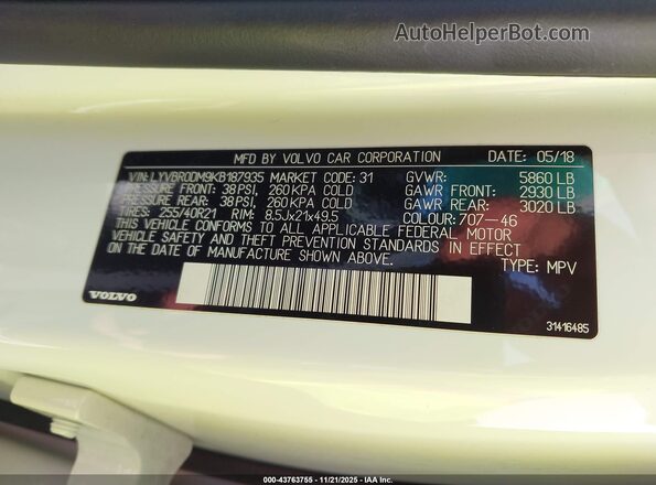 LYVBR0DM9KB187935 2019 VOLVO XC60 HYBRID Белый Вид подкапотного пространства