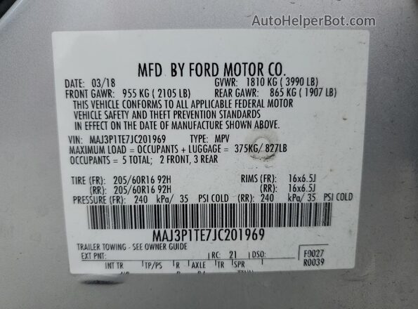 MAJ3P1TE7JC201969 2018 FORD ECOSPORT Silver 