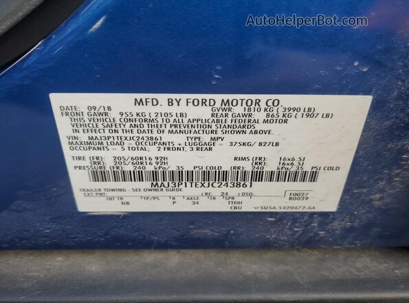 MAJ3P1TEXJC243861 2018 FORD ECOSPORT Blue 