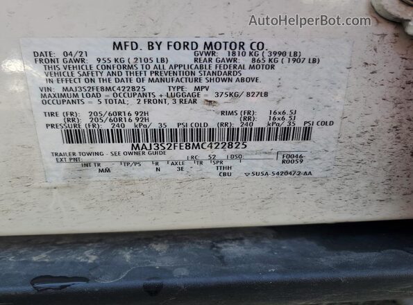 MAJ3S2FE8MC422825 2021 FORD ECOSPORT White Widok komory silnika