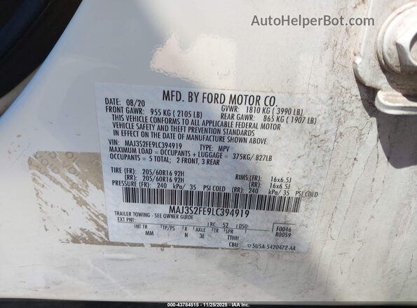 MAJ3S2FE9LC394919 2020 FORD ECOSPORT White Вид підкапотного простору