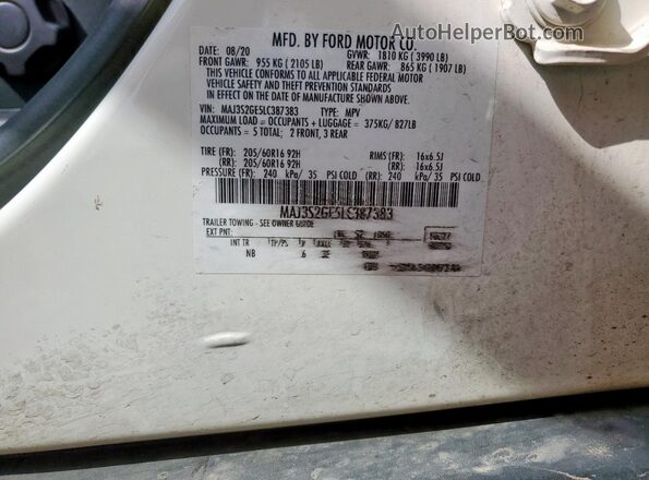 MAJ3S2GE5LC387383 2020 FORD ECOSPORT White Вид наклейки з VIN-кодом
