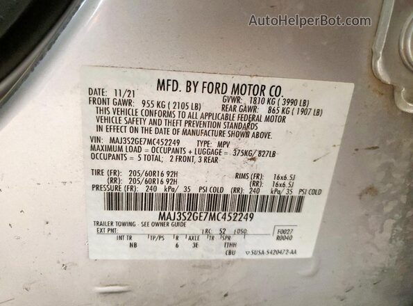 MAJ3S2GE7MC452249 2021 FORD ECOSPORT Silver Vista de la etiqueta del VIN