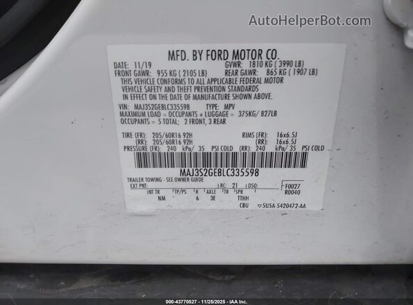 MAJ3S2GE8LC335598 2020 FORD ECOSPORT White ძრავის განყოფილების ხედი
