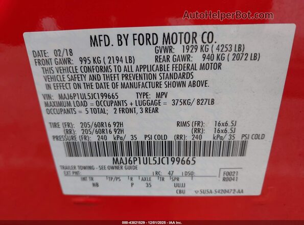 MAJ6P1UL5JC199665 2018 FORD ECOSPORT Red 