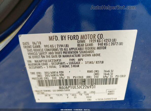 MAJ6P1UL5JC226931 2018 FORD ECOSPORT Blue 