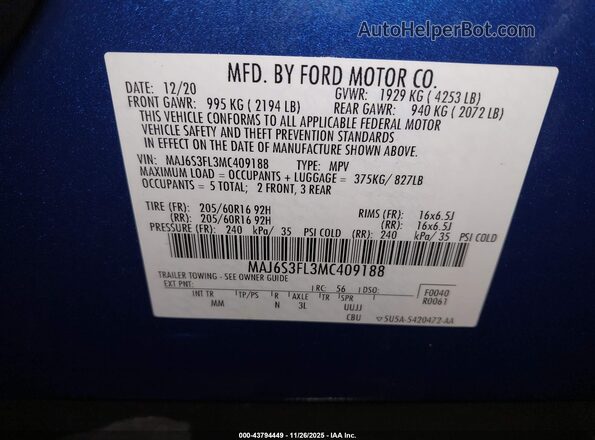 MAJ6S3FL3MC409188 2021 FORD ECOSPORT Blue Вид підкапотного простору