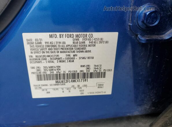 MAJ6S3FL4MC417591 2021 FORD ECOSPORT Blue Вид підкапотного простору