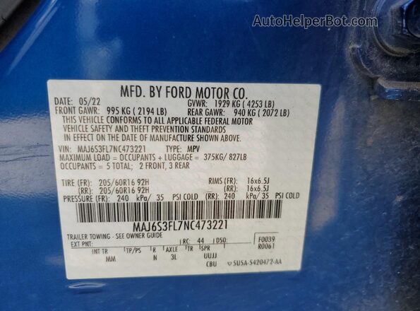 MAJ6S3FL7NC473221 2022 FORD ECOSPORT Blue VIN sticker view