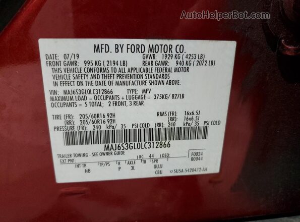 MAJ6S3GL0LC312866 2020 FORD ECOSPORT Burgundy Vista de la etiqueta del VIN