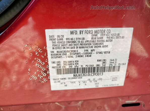 MAJ6S3GL0LC393013 2020 FORD ECOSPORT Red Widok naklejki z numerem VIN