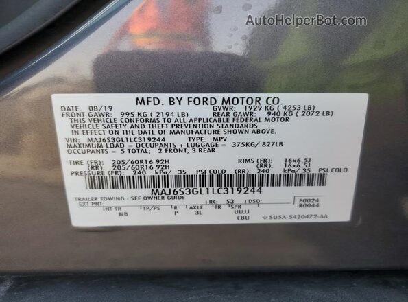 MAJ6S3GL1LC319244 2020 FORD ECOSPORT Gray Вид наклейки з VIN-кодом