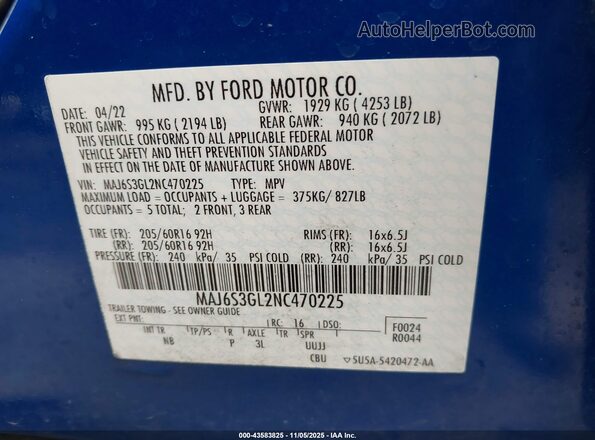 MAJ6S3GL2NC470225 2022 FORD ECOSPORT Синий Вид подкапотного пространства