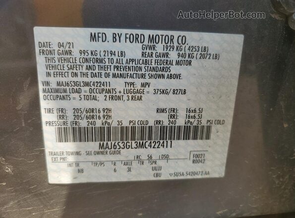 MAJ6S3GL3MC422411 2021 FORD ECOSPORT Gray Вид наклейки з VIN-кодом